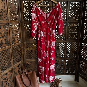Red floral maxi dress with v neck